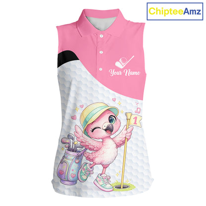 Pink Sleeveless Golf Polo Shirt Pink Flamingos Pattern Custom Name Team Flamingo Golf Polo Shirts NHT626