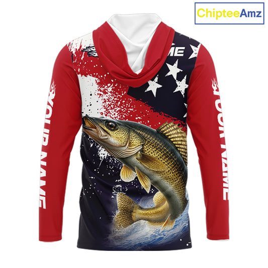 Personalized Walleye Fishing Jerseys, Custom American Flag Walleye Hooded Fishing Shirts Long Sleeve NHT488