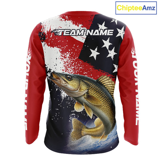 Personalized Walleye Fishing Jerseys, Custom American Flag Walleye Fishing Shirts Long Sleeve NHT488
