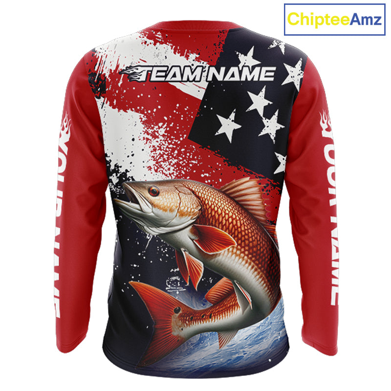 Personalized Redfish Fishing Jerseys, Custom American Flag Redfish Fishing Shirts Long Sleeve NHT490