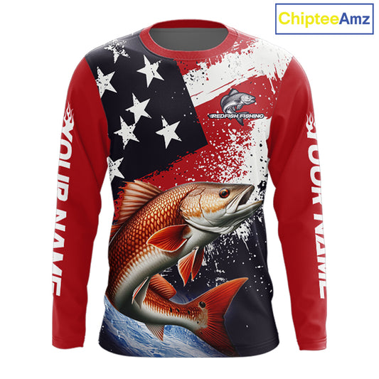Personalized Redfish Fishing Jerseys, Custom American Flag Redfish Fishing Shirts Long Sleeve NHT490
