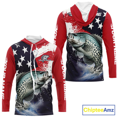Personalized Crappie Fishing Jerseys, Custom American Flag Crappie Hooded Fishing Shirts Long Sleeve NHT491