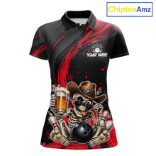 Load image into Gallery viewer, Funny Skeleton Cowboy Women Bowling Shirt, Personalized Red Color Beer Bowler Polo &amp; Quarter-Zip 