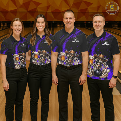 Funny Skeleton Cowboy Bowling Shirt, Personalized Purple Color Beer Bowler Polo & Quarter-Zip NHT1162