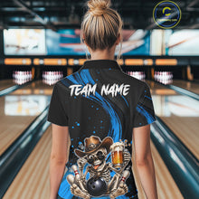 Load image into Gallery viewer, Person wearing a bowling shirt with a skeleton design in a bowling alley.