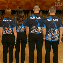 Load image into Gallery viewer, Funny Skeleton Cowboy Bowling Shirt, Personalized Blue Color Beer Bowler Polo &amp; Quarter-Zip NHT1163