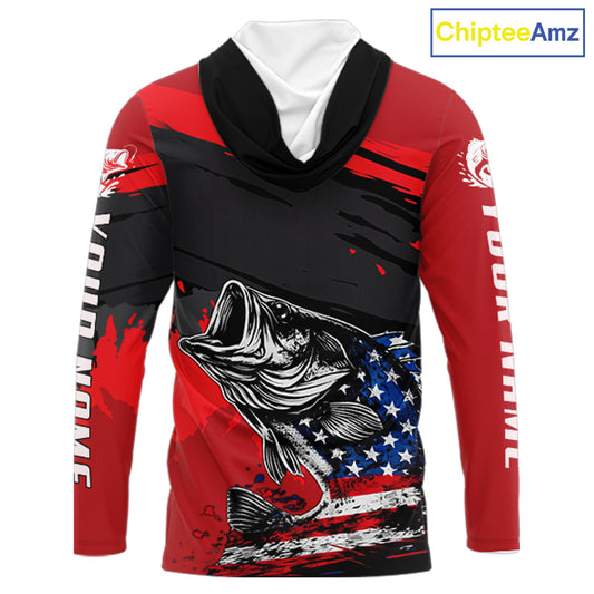 Bass American Flag Hooded Fishing Shirt Long Sleeve, Red Fishing Jersey For Fisherman NHT496