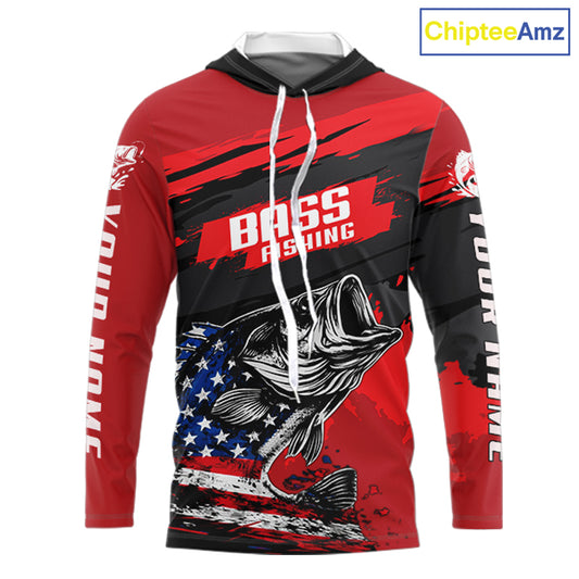 Bass American Flag Hooded Fishing Shirt Long Sleeve, Red Fishing Jersey For Fisherman NHT496