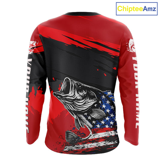 Bass American Flag  Fishing Shirt Long Sleeve, Red Fishing Jersey For Fisherman NHT496