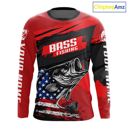 Bass American Flag  Fishing Shirt Long Sleeve, Red Fishing Jersey For Fisherman NHT496