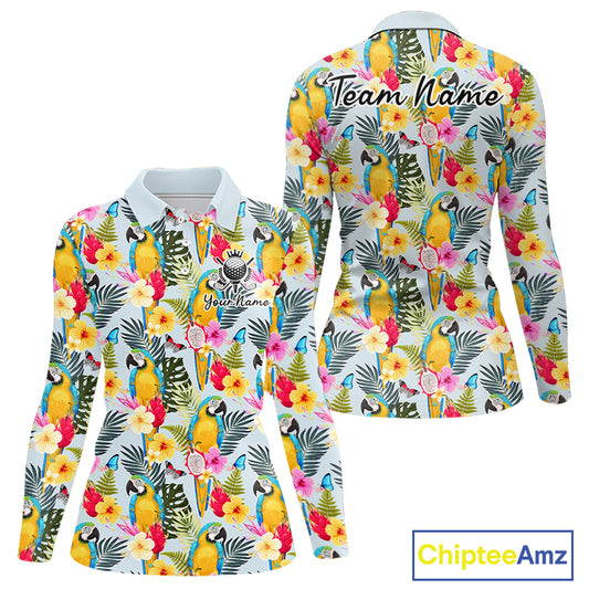 Funny Tropical Parrot Womens Golf Polo Shirt – Custom Name Shirt For Womens, Summer Beach Vacation Outfit NHT858