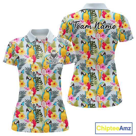 Funny Tropical Parrot Womens Golf Polo Shirt – Custom Name Shirt For Womens, Summer Beach Vacation Outfit NHT858