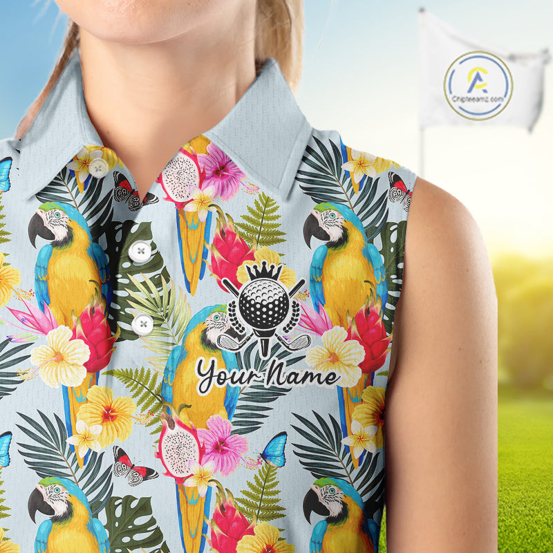 Funny Tropical Parrot Sleeveless Women Golf Polo Shirt – Custom Name Shirt For Womens, Summer Beach Vacation Outfit NHT858