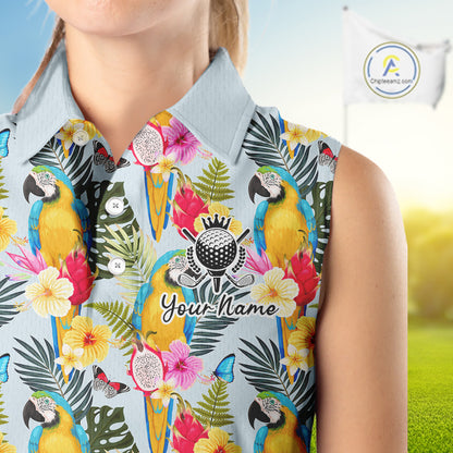Funny Tropical Parrot Sleeveless Women Golf Polo Shirt – Custom Name Shirt For Womens, Summer Beach Vacation Outfit NHT858