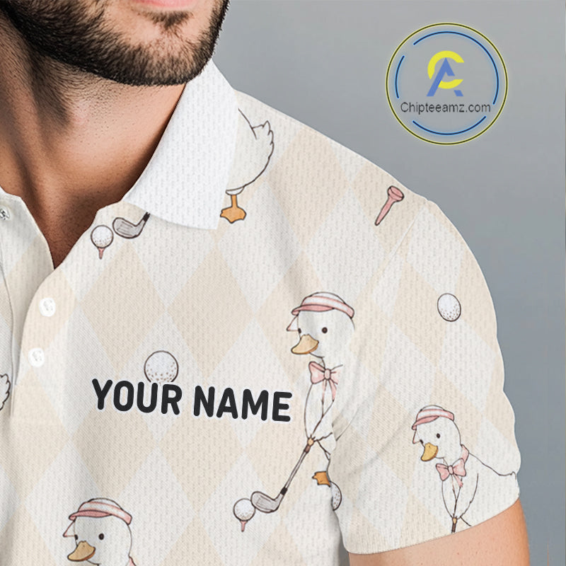 Personalized Argyle Funny Duck Pattern Polo Shirt - Custom Golf Team Gift