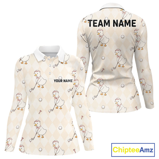 Personalized Argyle Funny Duck Pattern Womens Golf Polo Shirt - Custom Golf Team Gift