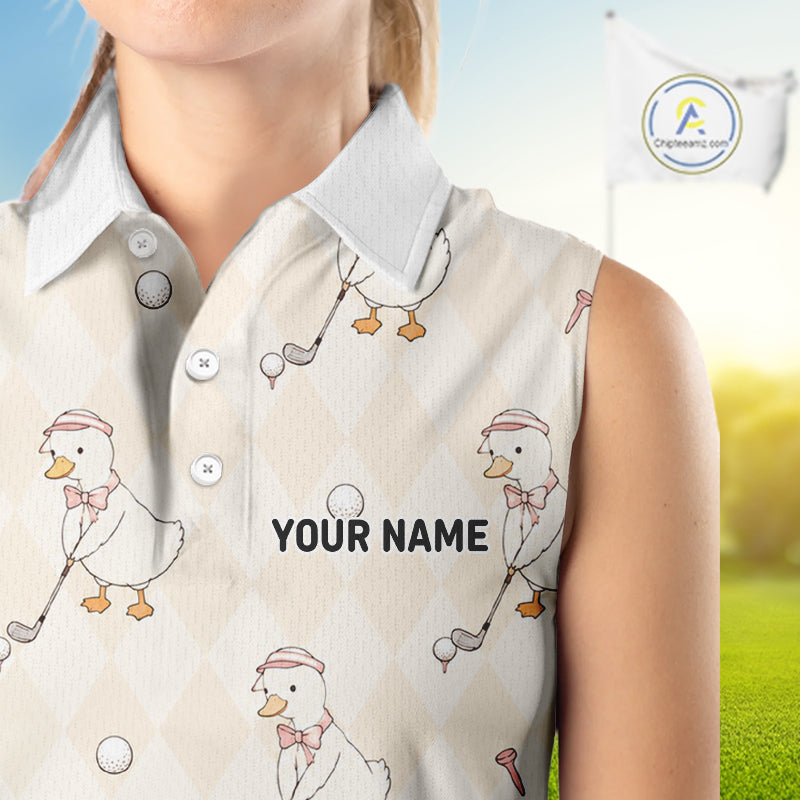 Personalized Argyle Funny Duck Pattern Womens Sleeveless Golf Polo Shirt - Custom Golf Team Gift