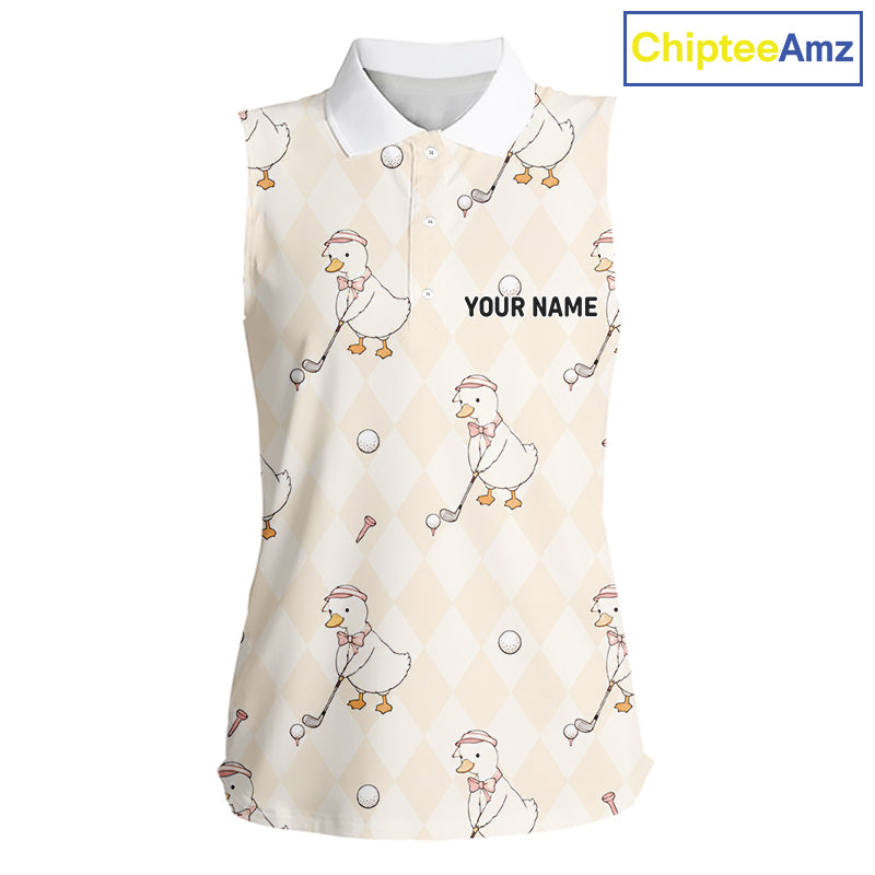 Personalized Argyle Funny Duck Pattern Womens Sleeveless Golf Polo Shirt - Custom Golf Team Gift