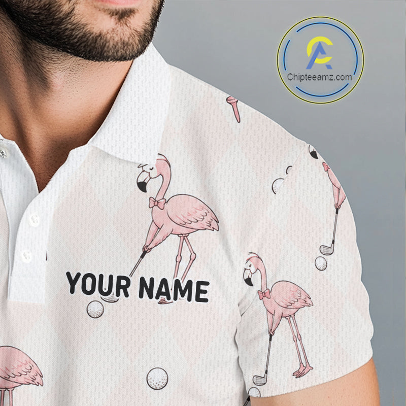 Personalized Argyle Funny Flamingo Pattern Polo Shirt - Custom Golf Team Gift