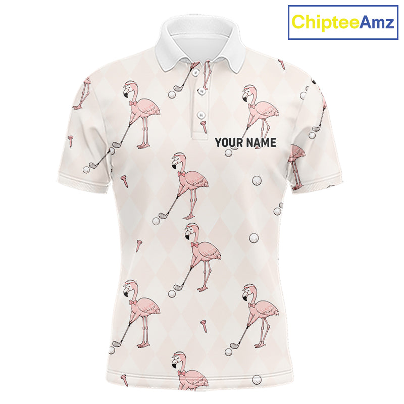 Personalized Argyle Funny Flamingo Pattern Polo Shirt - Custom Golf Team Gift