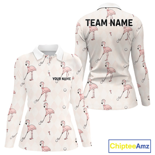 Personalized Argyle Funny Flamingo Pattern Womens Golf Polo Shirt - Custom Golf Team Gift