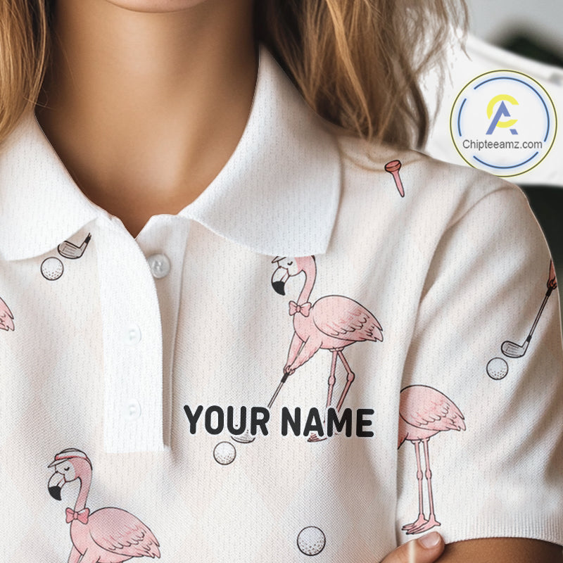 White shirt with pink flamingo designs and 'Your Name' text, brand logo visible