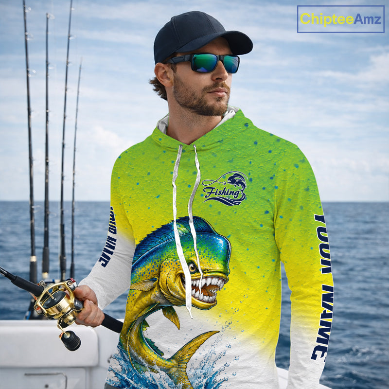 Personalized Offshore Fishing Jerseys, Mahi Mahi Angry Tournament Fishing Shirts Hooded For Men NHT1311