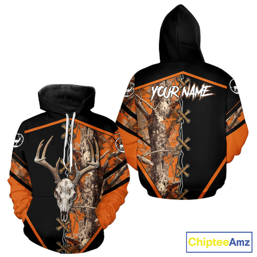 Personalized Orange Camo Black Skull Deer Hunting 3D Shirts, Perfect Gift for Hunters NHT281
