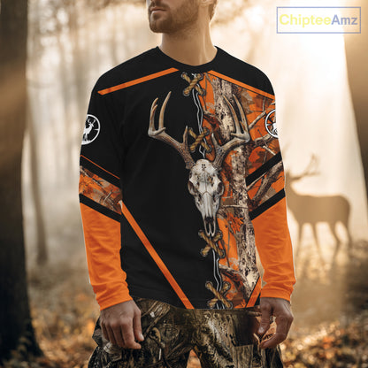 Personalized Orange Camo Black Skull Deer Hunting 3D Shirts, Perfect Gift for Hunters NHT281