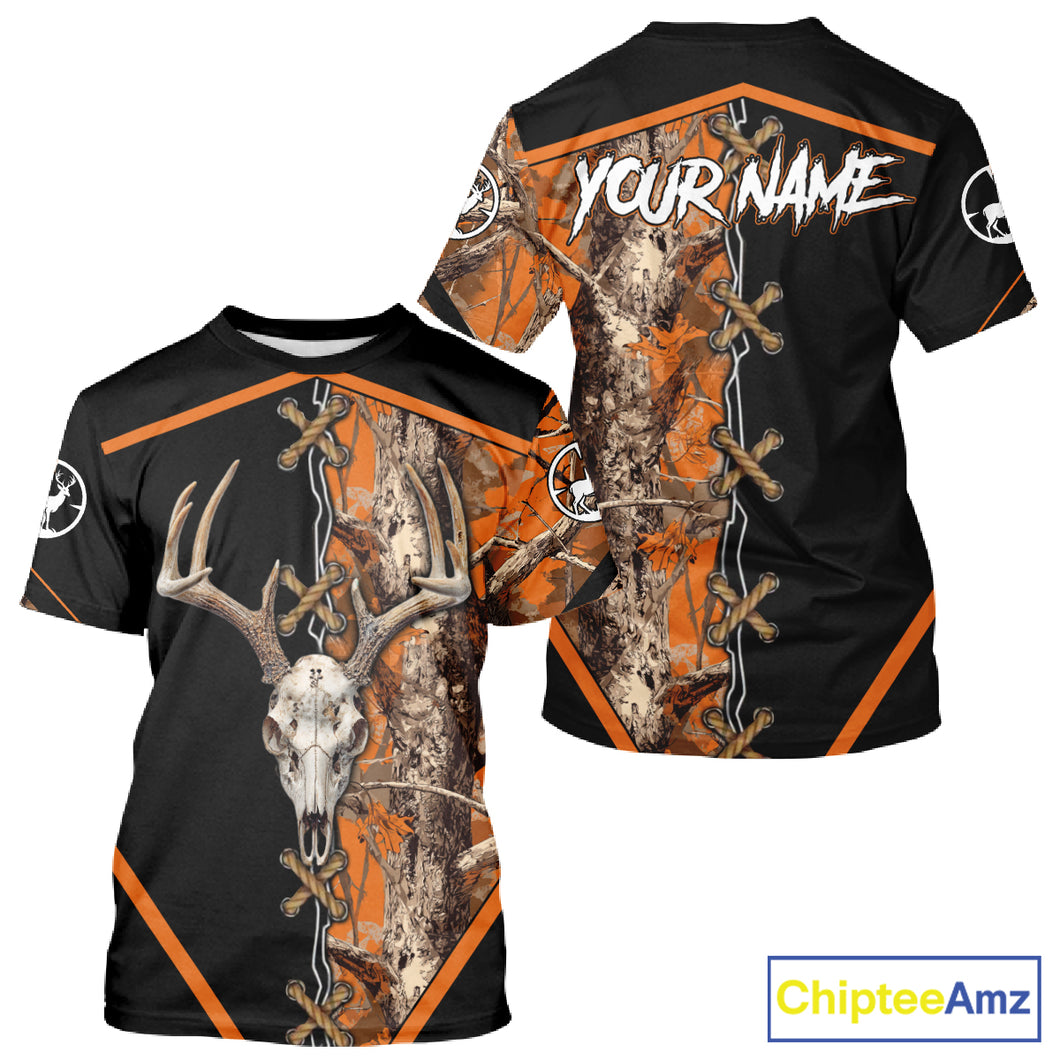 Personalized Orange Camo Black Skull Deer Hunting 3D Shirts, Perfect Gift for Hunters NHT281
