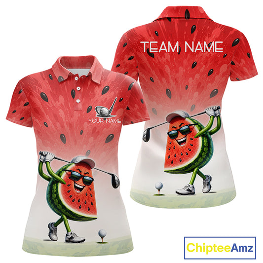 Custom Name Team Name Watermelon Womens Golf Polo Shirt - Funny Cartoon Golf Clothing 