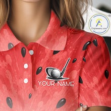 Load image into Gallery viewer, Red watermelon patterned shirt with golf ball and club design and 'Your Name' text on a mannequin.
