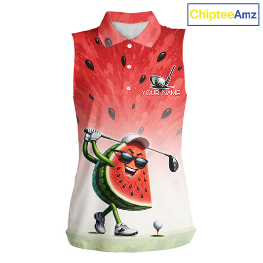 Custom Name Team Name Watermelon Womens Sleeveless Golf Polo Shirt - Funny Cartoon Golf Clothing 