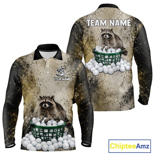 Long-sleeve shirt with raccoon design and customizable text on a white background