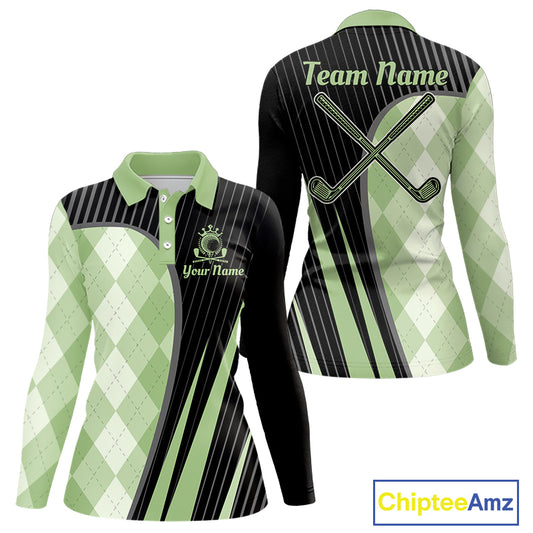 Womens Golf Polo Shirt Green Black Argyle Plaid Golf Pattern Custom, Womens Shirt Golf Tops NHT667
