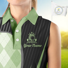 Load image into Gallery viewer, Womens Sleeveless Golf Polo Shirt Green Black Argyle Plaid Golf Pattern Custom,  Womens Shirt Golf Tops NHT667