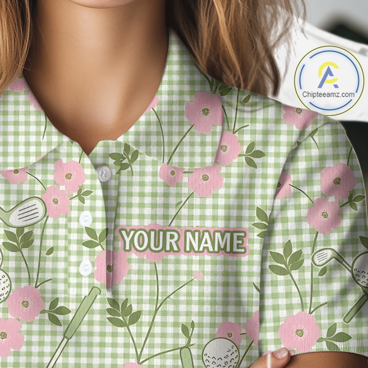 Floral Golf Polo Shirt Personalized Gingham Golf Shirt Custom Name Cute Golf Outfit For Womens Golf Gift NHT688