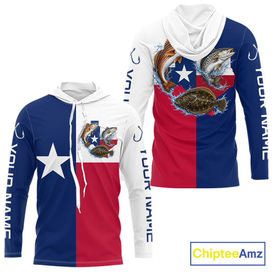 Texas Slam Long Sleeve Hooded Jersey With Redfish, Trout & Flounder Texas Saltwater Fishing Shirt For Men 
