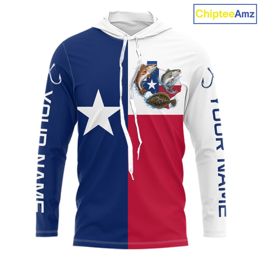 Texas Slam Long Sleeve Hooded Jersey With Redfish, Trout & Flounder Texas Saltwater Fishing Shirt For Men 