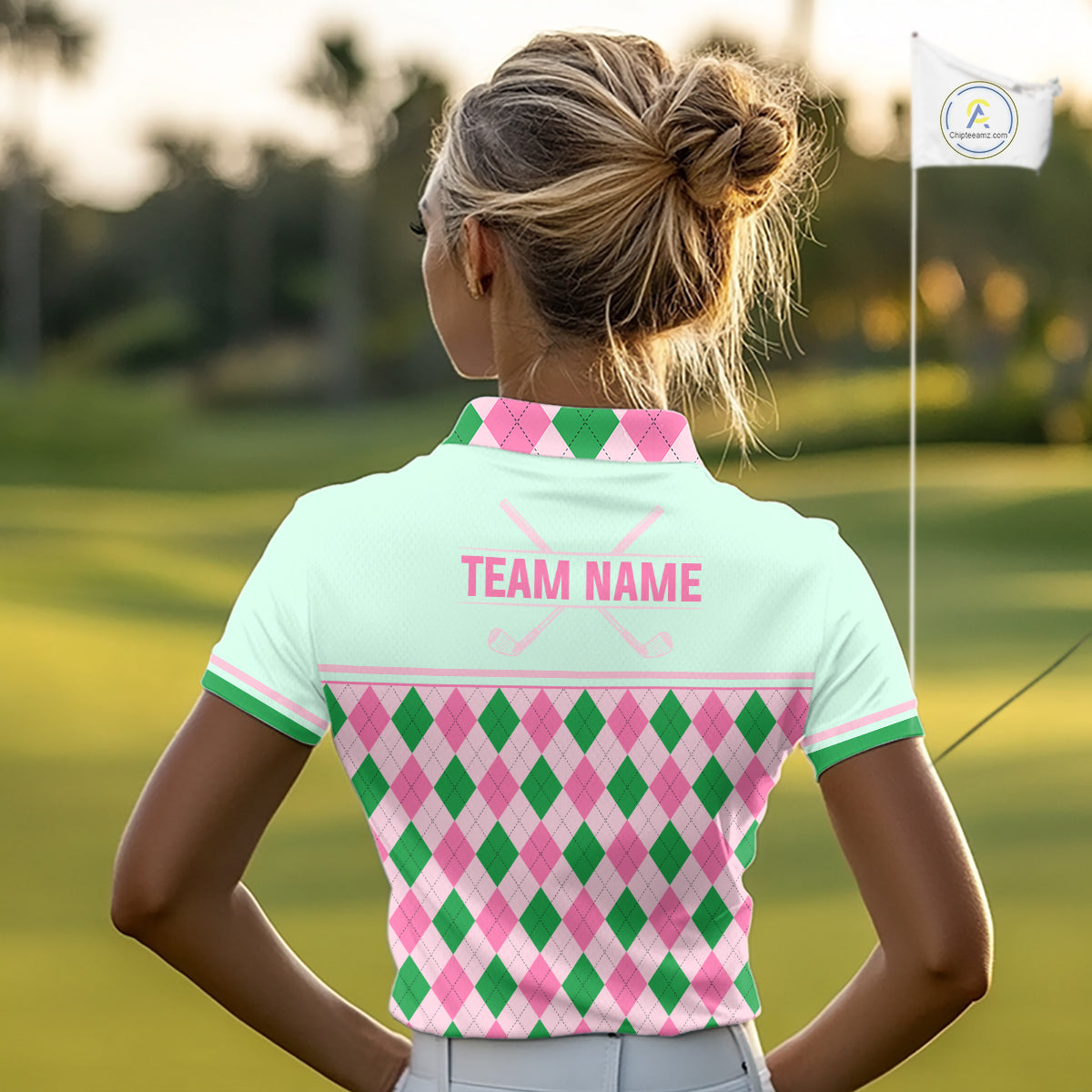 Pink Argyle Golf Polo Shirt Personalized Womens Golf Shirt Cute Preppy Golf Outfit Custom Name, Familly Team Shirts NHT691