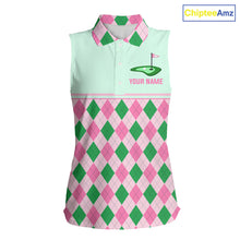 Load image into Gallery viewer, Pink Argyle Golf Polo Shirt Personalized Womens Sleeveless Golf Shirt Cute Preppy Golf Outfit Custom Name, Familly Team Shirts NHT691