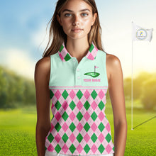 Load image into Gallery viewer, Pink Argyle Golf Polo Shirt Personalized Womens Sleeveless Golf Shirt Cute Preppy Golf Outfit Custom Name, Familly Team Shirts NHT691
