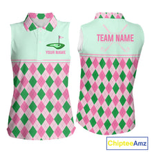 Load image into Gallery viewer, Pink Argyle Golf Polo Shirt Personalized Womens Sleeveless Golf Shirt Cute Preppy Golf Outfit Custom Name, Familly Team Shirts NHT691