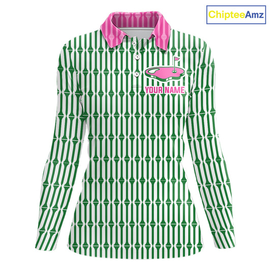 Funny Pink Green Geometric Womens Polo Golf Shirt, Retro Style Performance Golf Top For Family Team Shirt  NHT692