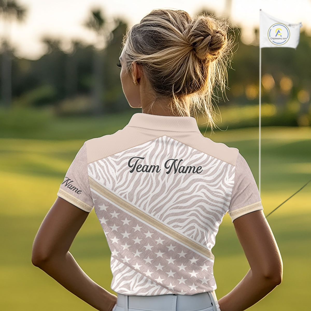 Custom Women's Golf Polo Shirt, Personalized Team Name Golf Jersey, Elegant Beige Zebra And Stars Pattern NHT694