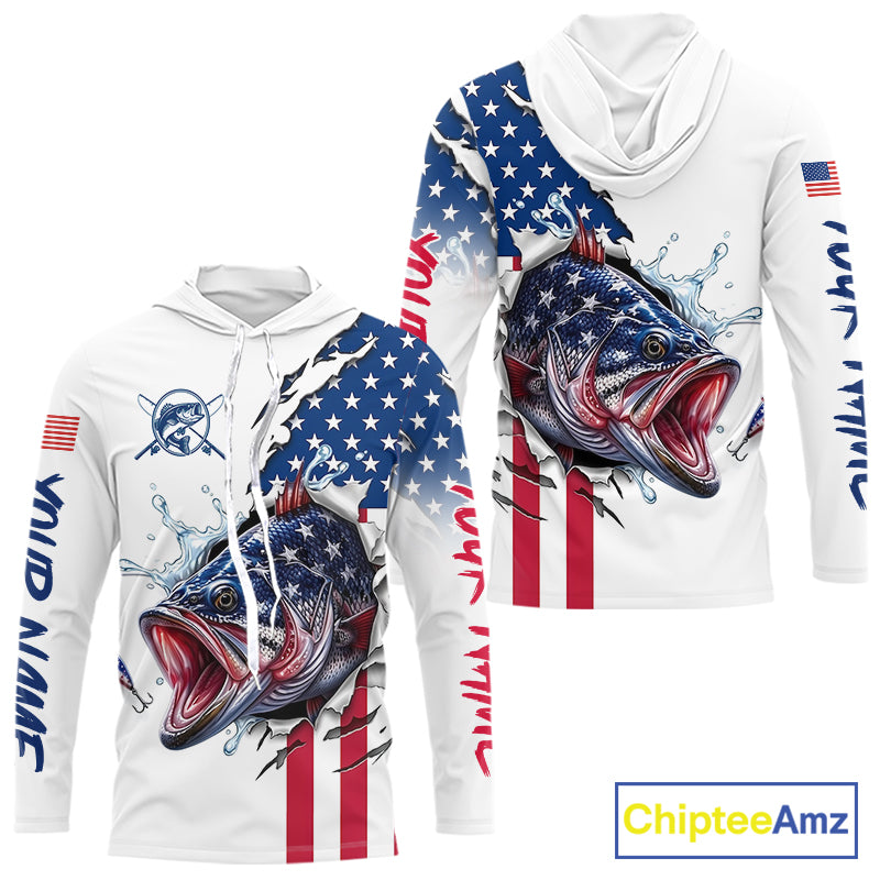Bass Fishing Shirts Long Sleeve Hooded  With American Flag – USA Patriotic Angler Performance Shirt