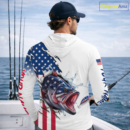 Bass Fishing Shirts Long Sleeve Hooded  With American Flag – USA Patriotic Angler Performance Shirt