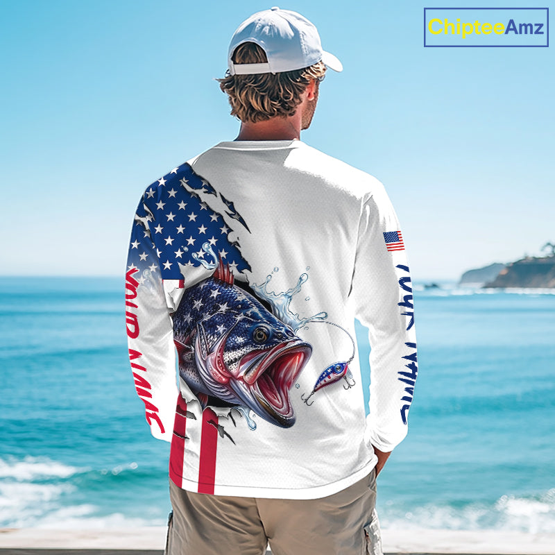 Bass Fishing Shirts Long Sleeve With American Flag – USA Patriotic Angler Performance Shirt