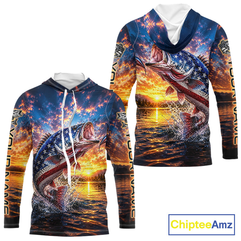 American Flag Bass Fishing Jersey – Patriotic Sunset Lake Angler Long Sleeve Hooded  For Men