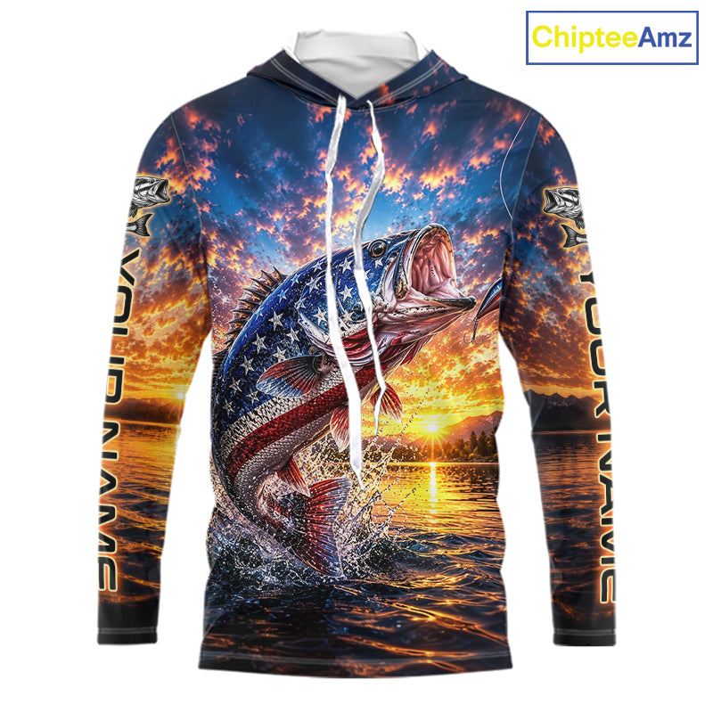 American Flag Bass Fishing Jersey – Patriotic Sunset Lake Angler Long Sleeve Hooded  For Men